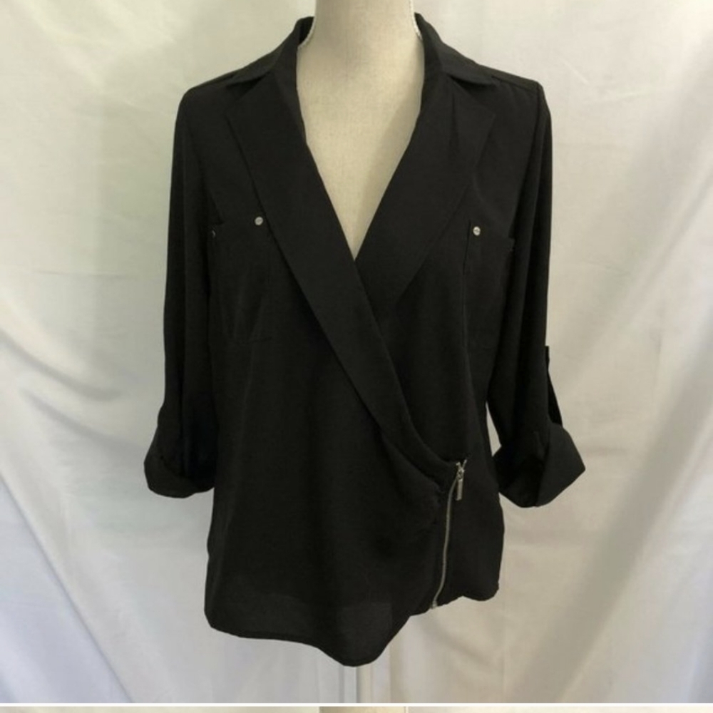 Michael Kors Black Side Zip Blouse with Silver accents and 3/4 Sleeves, size med